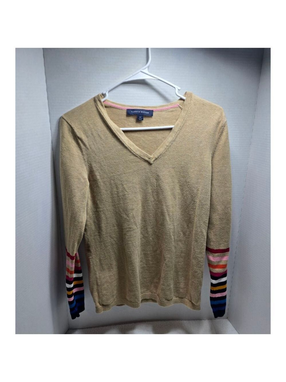 Women's Tommy Hilfiger V-Neck Sweater SP Beige with Multicolor Stripes